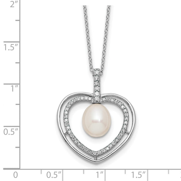 Sterling Silver Rhod 8-9mm FWC Pearl and CZ Heart 17in Necklace