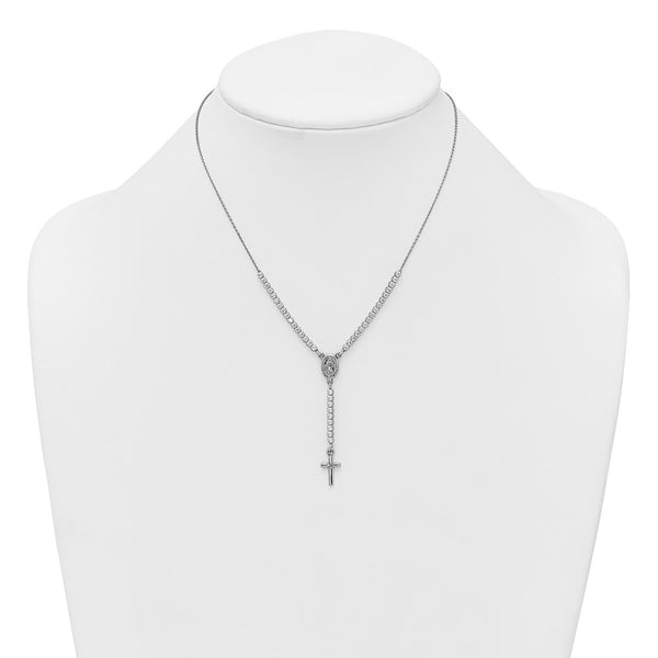 Sterling Silver Rh-plated Polished CZ 15.5in with 2in ext. Rosary Necklace