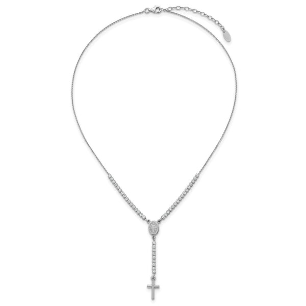Sterling Silver Rh-plated Polished CZ 15.5in with 2in ext. Rosary Necklace