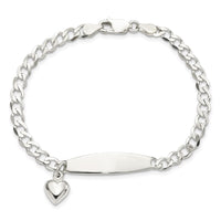 Sterling Silver Polished Curb Link ID Heart Dangle 8.5in Bracelet