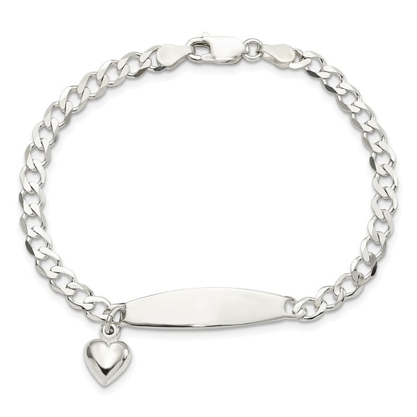 Sterling Silver Polished Curb Link ID Heart Dangle 8.5in Bracelet