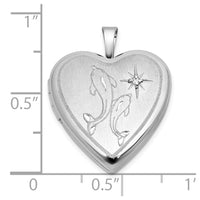 Sterling Silver RH-pl Brushed Diamond And Dolphins 20mm Heart Locket