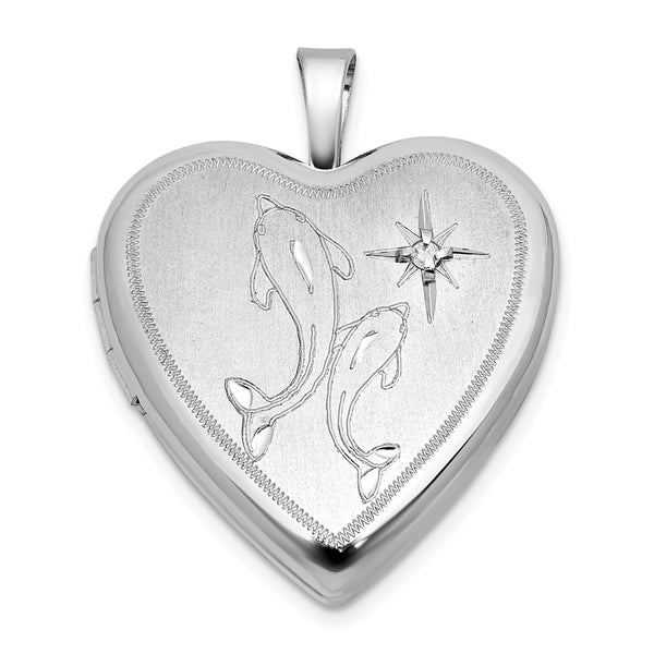 Sterling Silver RH-pl Brushed Diamond And Dolphins 20mm Heart Locket