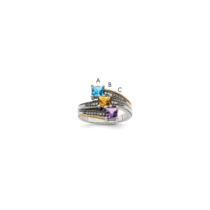 Sterling Silver Antiqued w/14k 3-stone w/Diamond Mother's Semi-Mount Ring