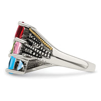 Sterling Silver Antiqued w/14k 4-stone w/Diamond Mother's Ring