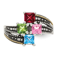 Sterling Silver Antiqued w/14k 4-stone w/Diamond Mother's Ring