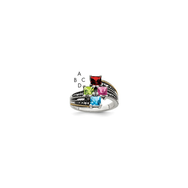 Sterling Silver Antiqued w/14k 4-stone w/Diamond Mother's Ring