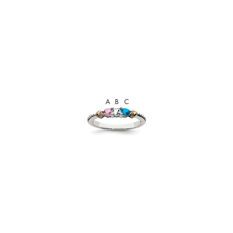 Sterling Silver Antiqued w/14k 3-stone w/Diamond Mother's Ring