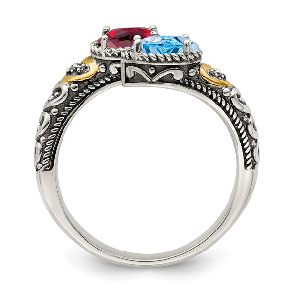 Sterling Silver Antiqued w/14k 2-stone w/Diamond Mother's Ring