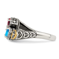 Sterling Silver Antiqued w/14k 2-stone w/Diamond Mother's Ring