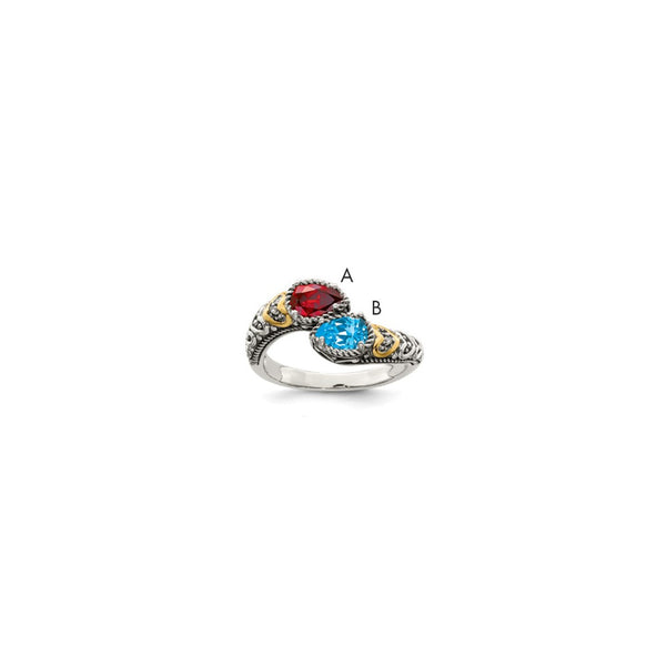 Sterling Silver Antiqued w/14k 2-stone w/Diamond Mother's Ring