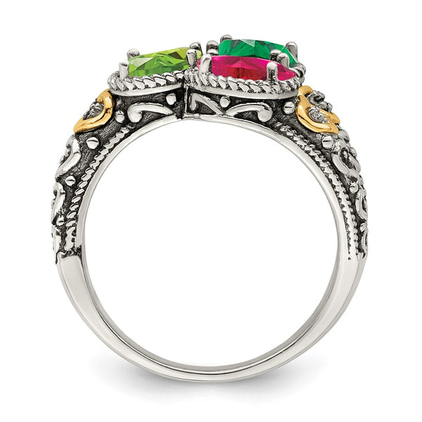 Sterling Silver Antiqued w/14k 3-stone w/Diamond Mother's Ring Semi-Mount