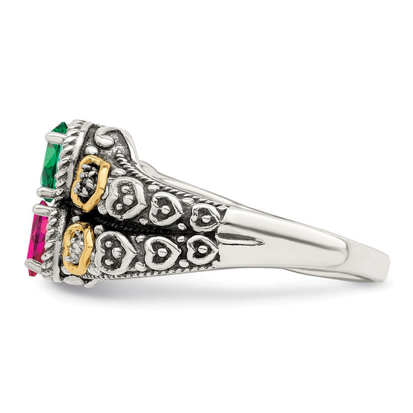 Sterling Silver Antiqued w/14k 3-stone w/Diamond Mother's Ring