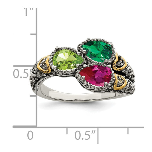 Sterling Silver Antiqued w/14k 3-stone w/Diamond Mother's Ring
