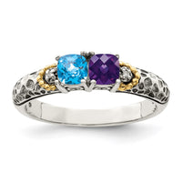 Sterling Silver Antiqued w/14k 2-stone w/Diamond Mother's Ring Semi-Mount