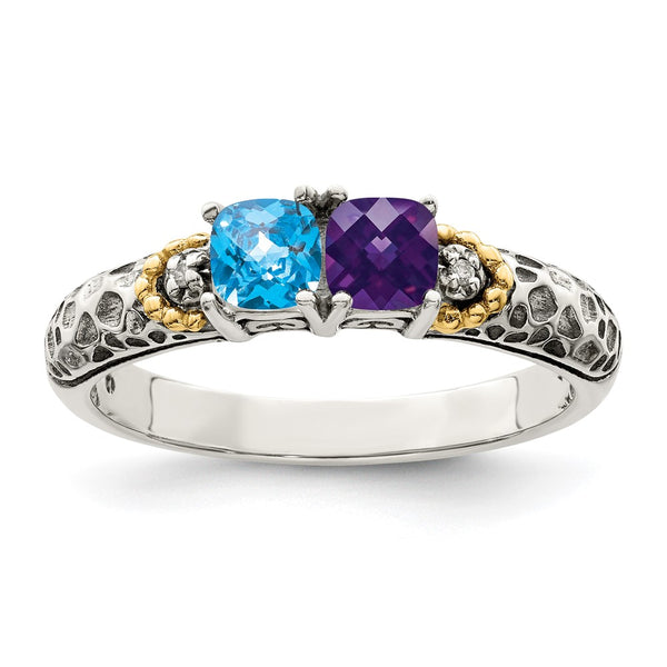 Sterling Silver Antiqued w/14k 2-stone w/Diamond Mother's Ring Semi-Mount