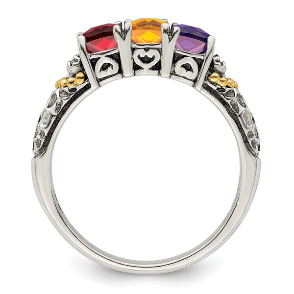 Sterling Silver Antiqued w/14k 3-stone w/Diamond Mother's Ring Semi-Mount