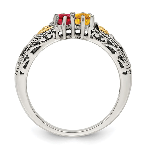 Sterling Silver Antiqued w/14k 2-stone w/Diamond Mother's Ring Semi-Mount