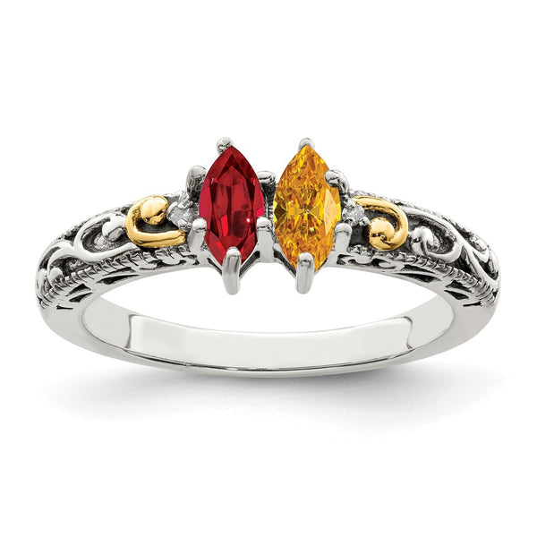 Sterling Silver Antiqued w/14k 2-stone w/Diamond Mother's Ring