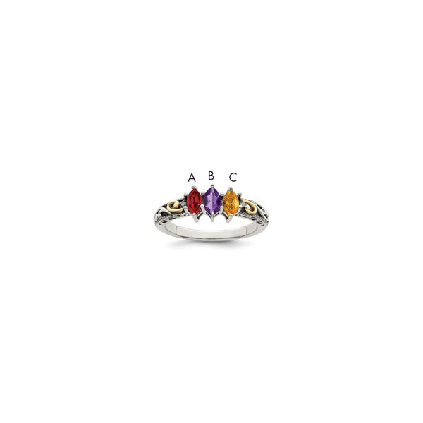 Sterling Silver Antiqued w/14k 3-stone w/Diamond Mother's Ring Semi-Mount