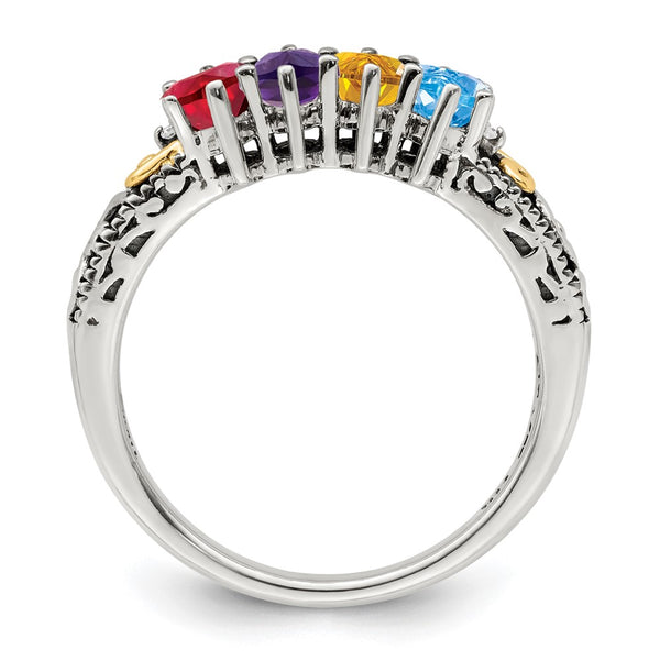 Sterling Silver Antiqued w/14k 4-stone w/Diamond Mother's Ring Semi-Mount