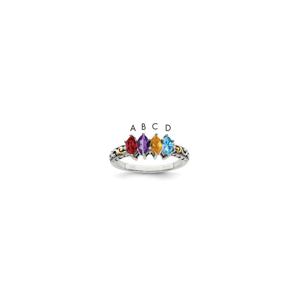 Sterling Silver Antiqued w/14k 4-stone w/Diamond Mother's Ring