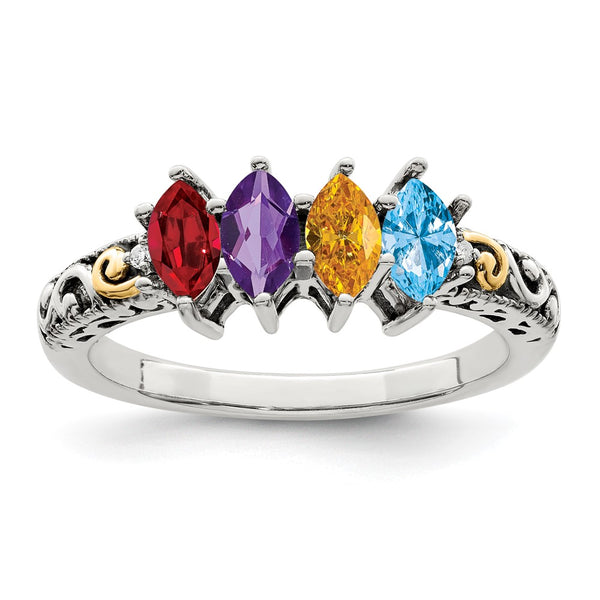 Sterling Silver Antiqued w/14k 4-stone w/Diamond Mother's Ring