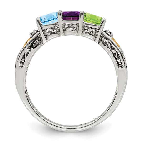 Sterling Silver Antiqued w/14k 3-stone w/Diamond Mother's Ring