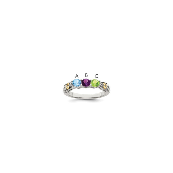 Sterling Silver Antiqued w/14k 3-stone w/Diamond Mother's Ring