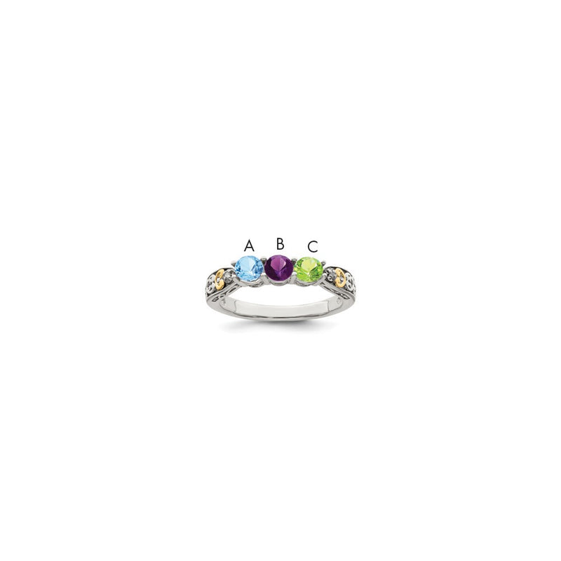 Sterling Silver Antiqued w/14k 3-stone w/Diamond Mother's Ring