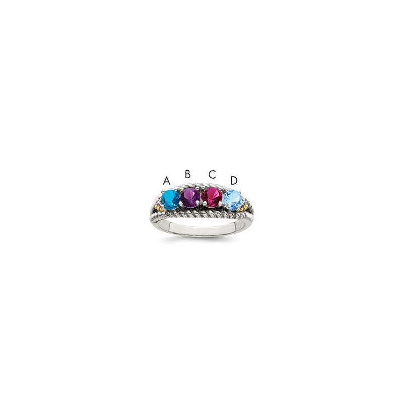 Sterling Silver Antiqued w/14k 4-stone w/Diamond Mother's Ring Semi-Mount
