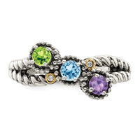 Sterling Silver Antiqued w/14k 3-stone w/Diamond Mother's Ring Semi-Mount