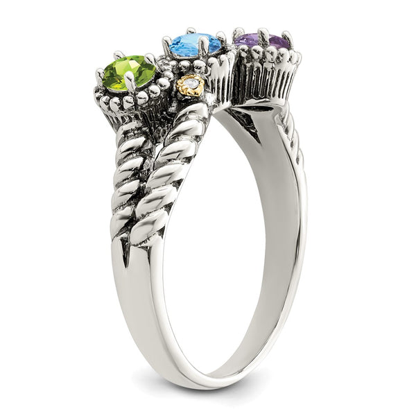 Sterling Silver Antiqued w/14k 3-stone w/Diamond Mother's Ring Semi-Mount