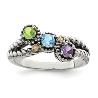 Sterling Silver Antiqued w/14k 3-stone w/Diamond Mother's Ring Semi-Mount