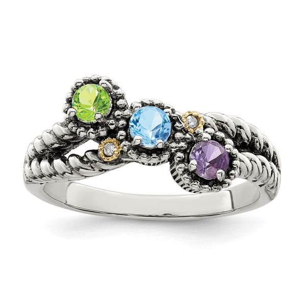 Sterling Silver Antiqued w/14k 3-stone w/Diamond Mother's Ring Semi-Mount