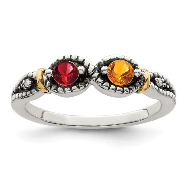 Sterling Silver Antiqued w/14k 2-stone w/Diamond Mother's Ring