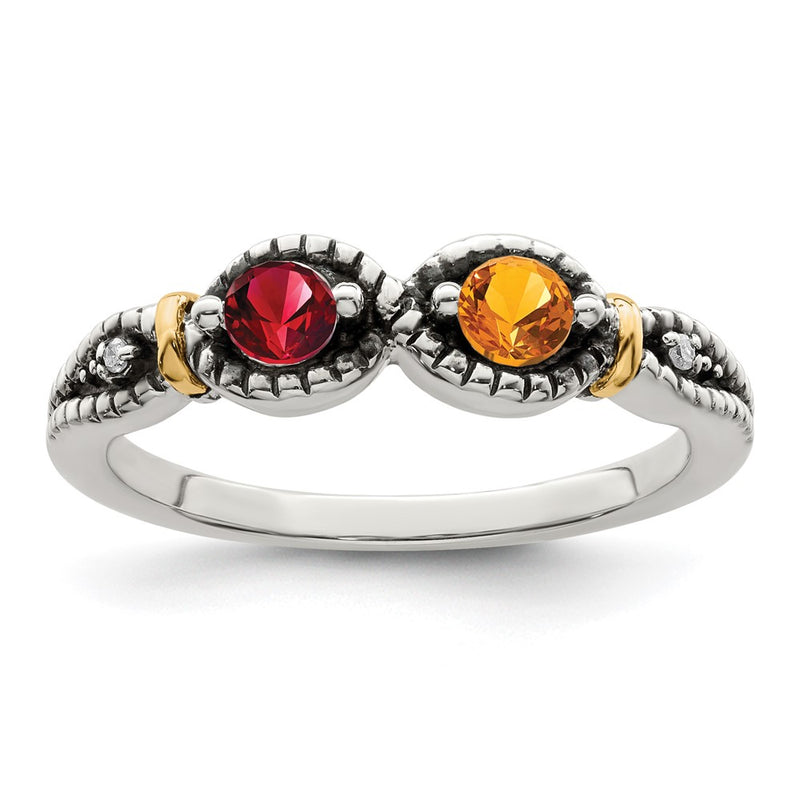Sterling Silver Antiqued w/14k 2-stone w/Diamond Mother's Ring Semi-Mount