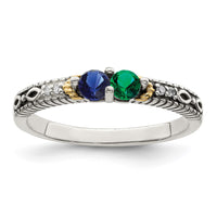 Sterling Silver Antiqued w/14k 2-stone w/Diamond Mother's Ring