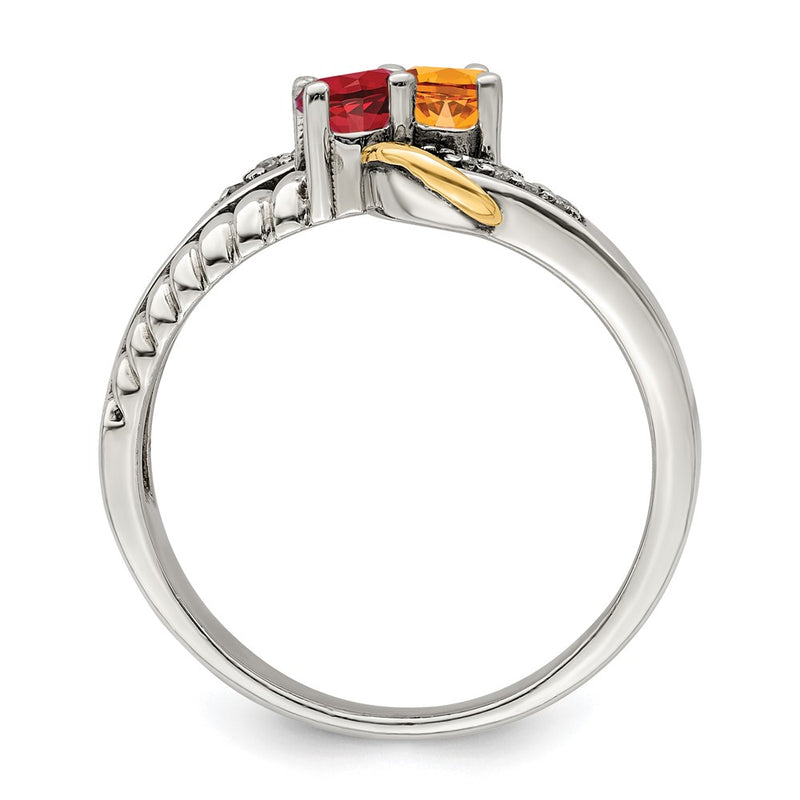 Sterling Silver Antiqued w/14k 2-stone w/Diamond Mother's Ring