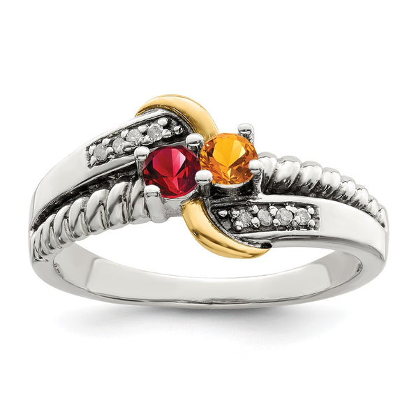 Sterling Silver Antiqued w/14k 2-stone w/Diamond Mother's Ring Semi-Mount