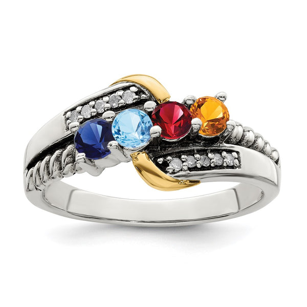 Sterling Silver Antiqued w/14k 4-stone w/Diamond Mother's Ring