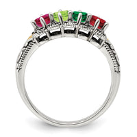 Sterling Silver Antiqued w/14k 4-stone w/Diamond Mother's Ring