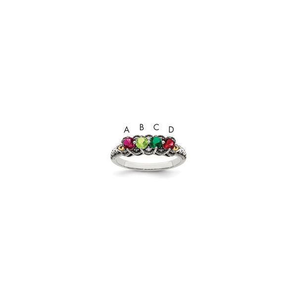 Sterling Silver Antiqued w/14k 4-stone w/Diamond Mother's Ring