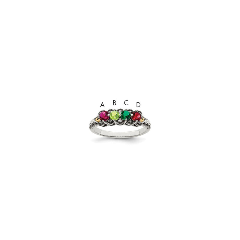 Sterling Silver Antiqued w/14k 4-stone w/Diamond Mother's Ring