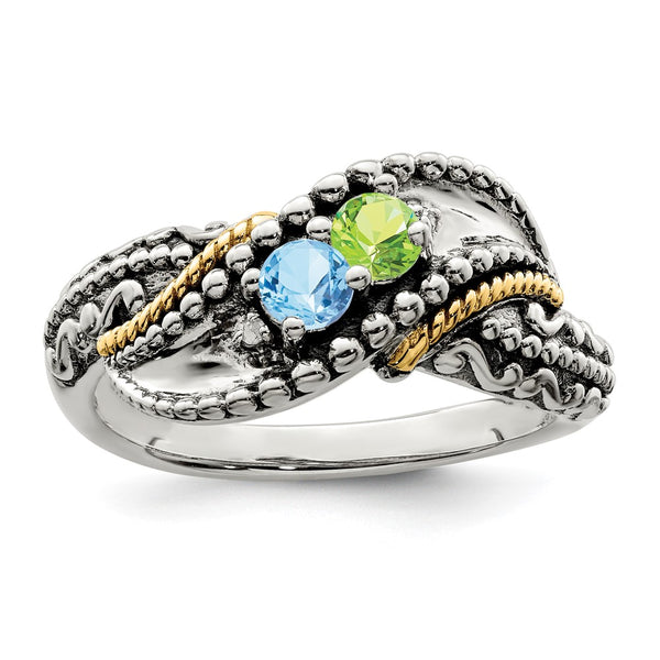 Sterling Silver Antiqued w/14k 2-stone w/Diamond Mother's Ring