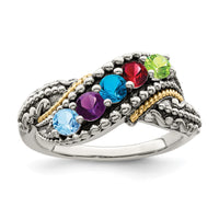 Sterling Silver Antiqued w/14k 5-stone w/Diamond Mother's Ring Semi-Mount
