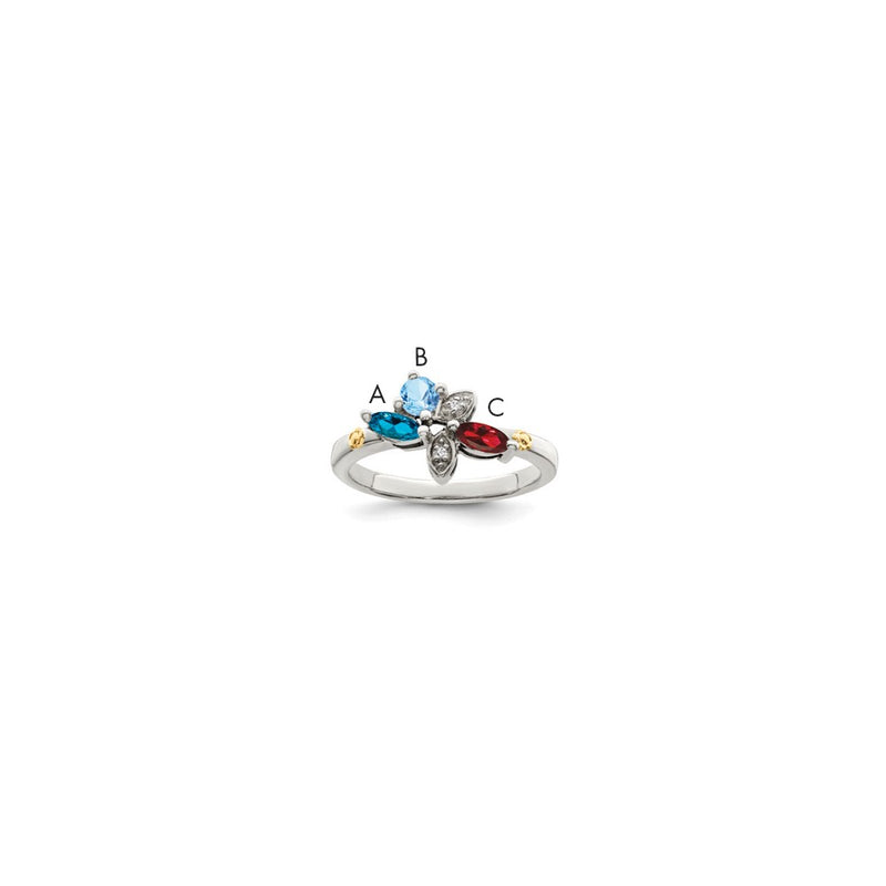 Sterling Silver Antiqued w/14k 3-stone w/Diamond Mother's Ring Semi-Mount