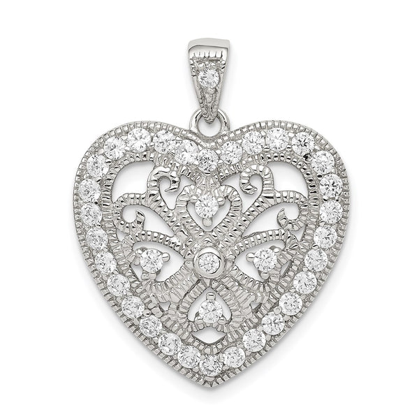 Sterling Silver Rhodium-plated CZ Filigree Heart Pendant