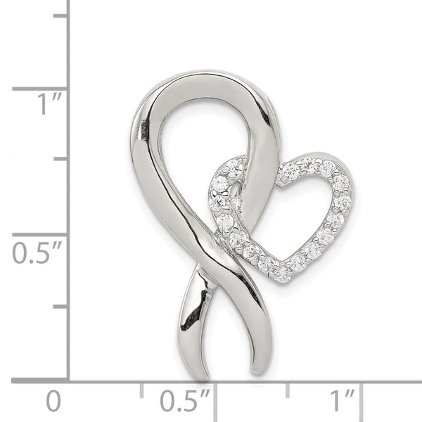Sterling Silver Rhod-plated CZ Heart/Breast Cancer Ribbon Chain Slide