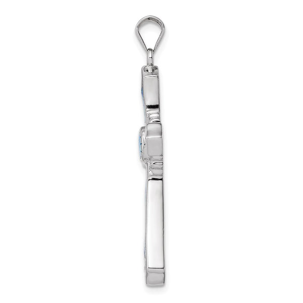 Sterling Silver Rhodium-plated Created Blue Opal / CZ Cross Pendant